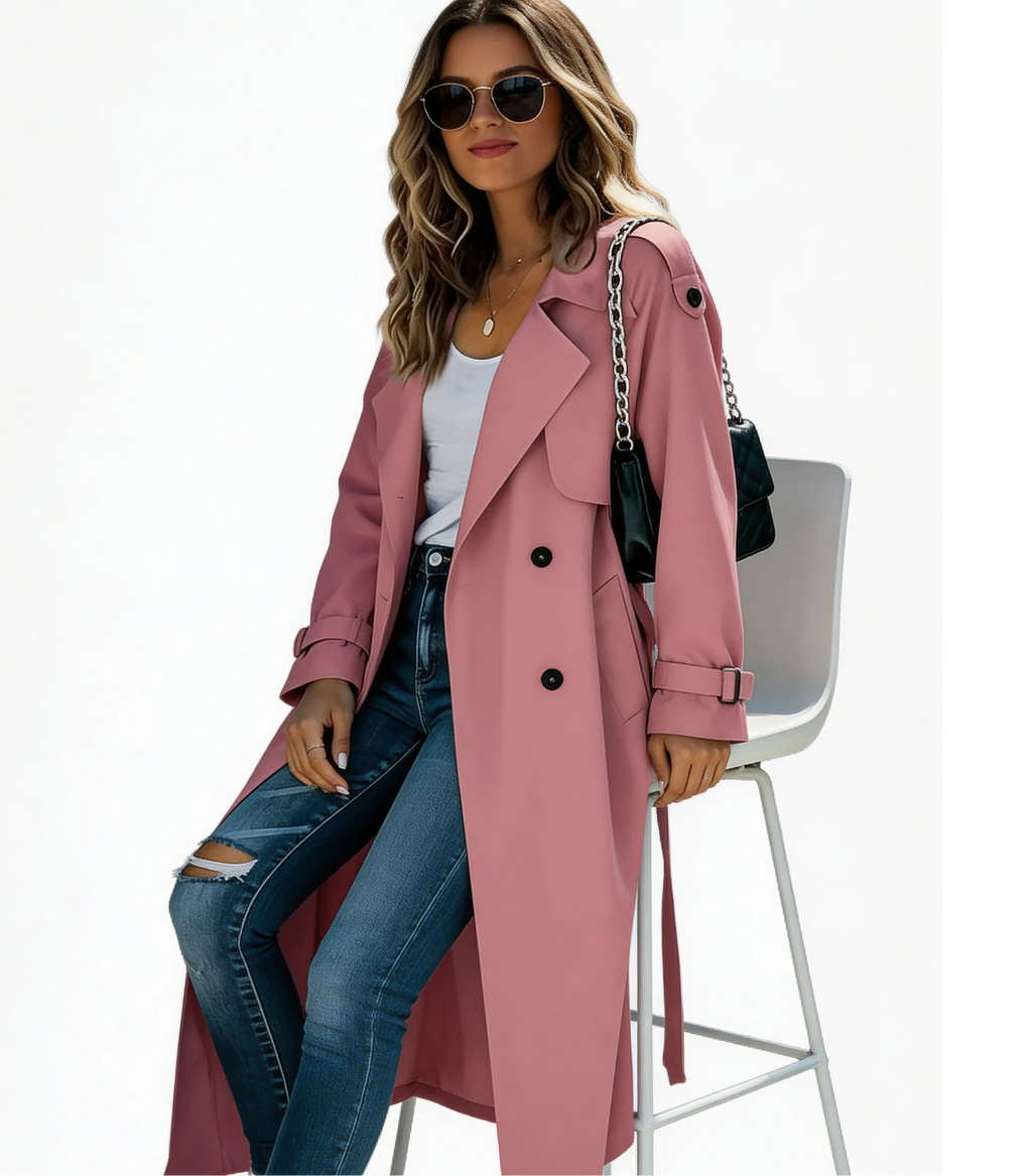 Women’s Cotton Blend Belted Trench Coat with Lapel Collar and Tailored Fit