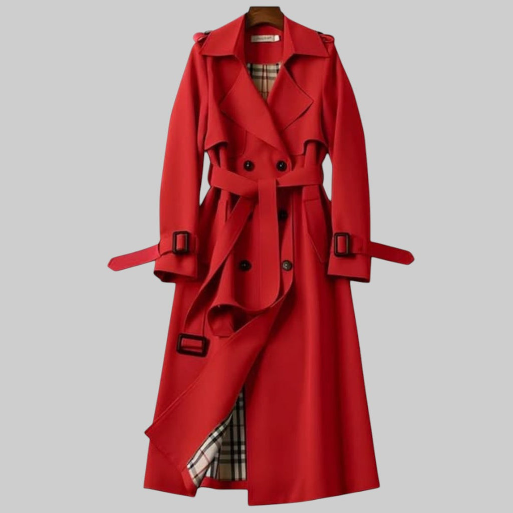 Les Odettes Aleah™ Classic Trench Coat displayed on a model, showcasing the tailored fit and beige fabric against a city background.