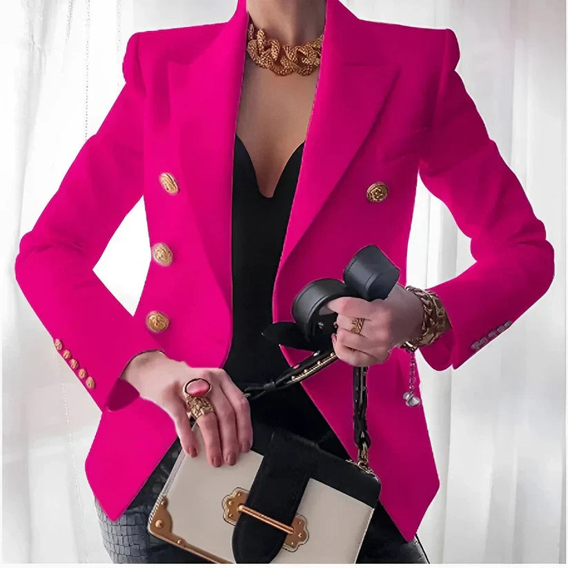 Les Odettes Monroe women's classic double-breasted blazer with gold buttons, tailored fit, stylish formal jacket.