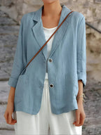 Women's Juniper double-breasted tailored blazer by Les Odettes, featuring a classic fit with structured lapels and button details.