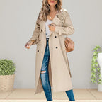 Women’s Double Breasted Mid-Season Trench Coat with Turn-Down Collar