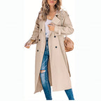 Women’s Long Water-Repellent Trench Coat with Classic Button Closure