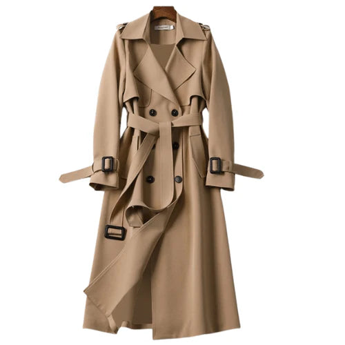 Women’s Vintage Style Belted Trench Coat with Epaulettes and Mid-Length Cut