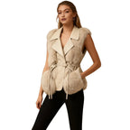 Beige women's nappa leather fur vest by Les Odettes with tie waist and structured fit, featuring soft fur accents and a stylish silhouette.