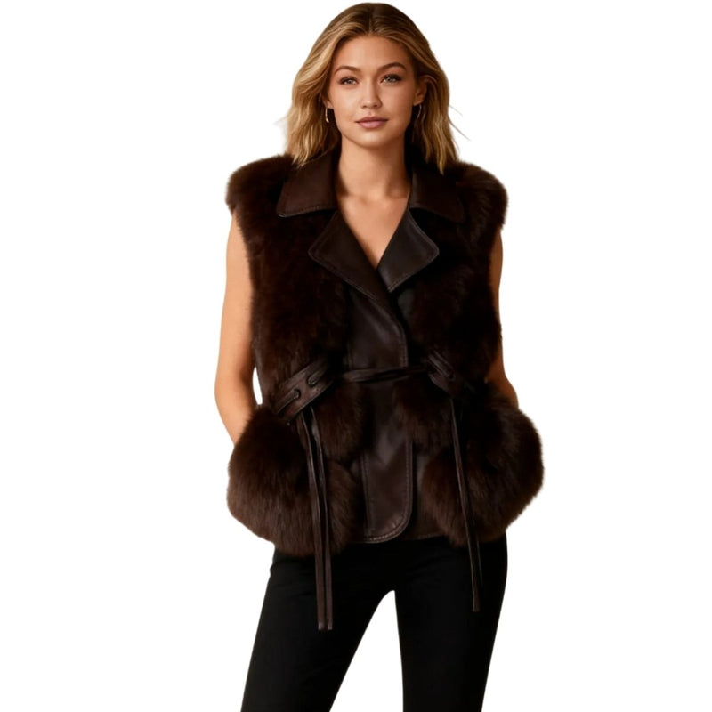 Women’s Nappa leather fur vest with tie waist from Les Odettes in natural brown, showcasing structured fit and front view.