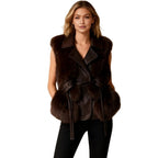 Women’s Nappa leather fur vest with tie waist from Les Odettes in natural brown, showcasing structured fit and front view.