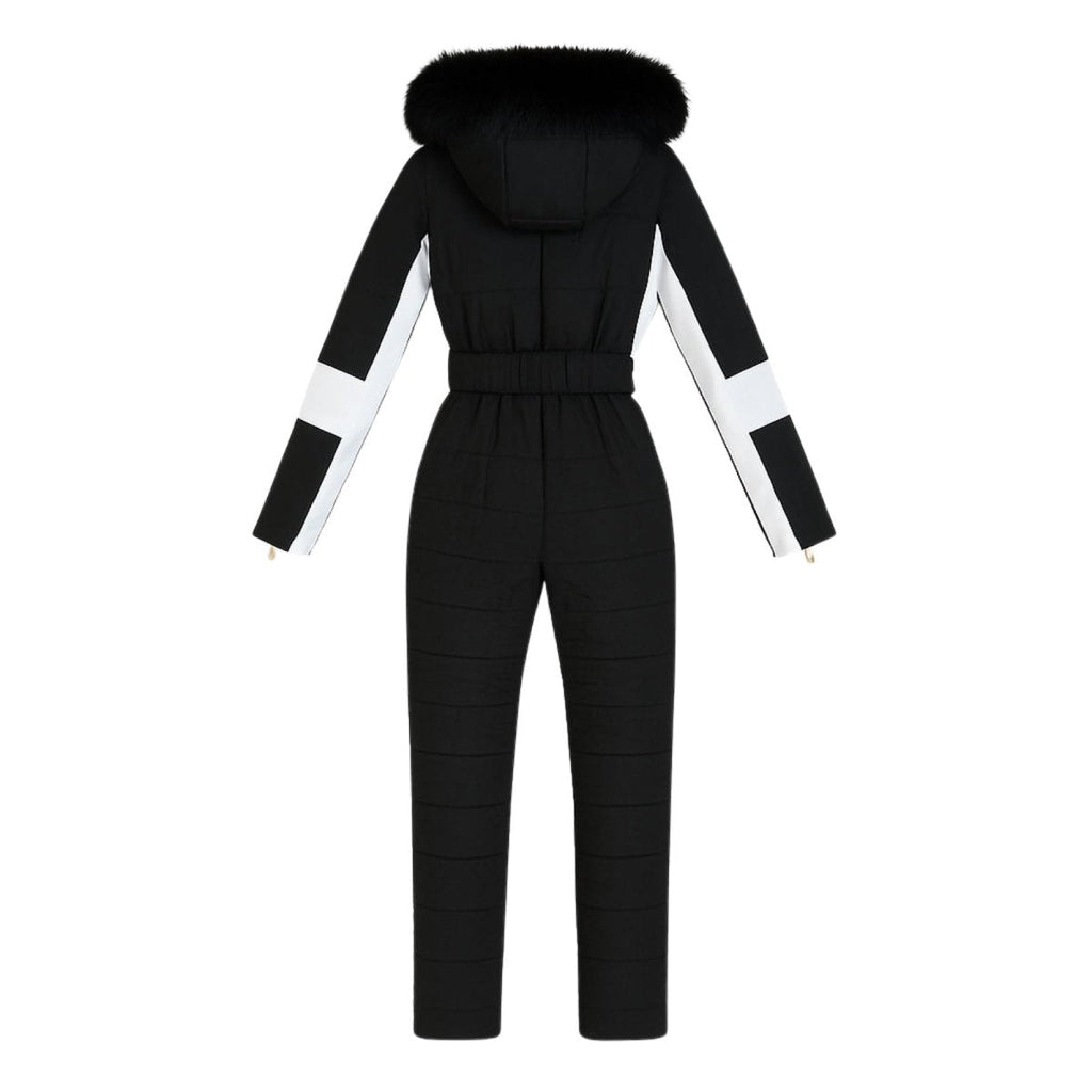 Les Odettes Dolly Glamour Ski Suit Monosuit in black and white with fur hood, belted design, suitable for winter outdoor activities.