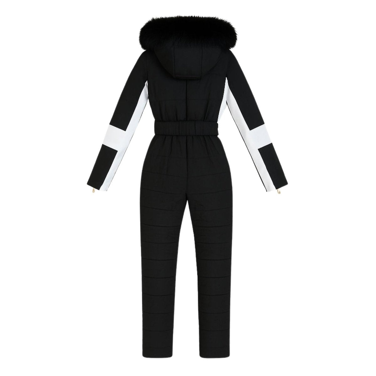 Les Odettes Dolly Glamour Ski Suit Monosuit in black and white with fur hood, belted design, suitable for winter outdoor activities.