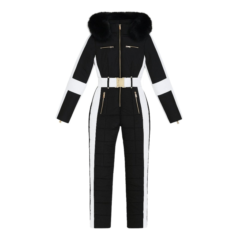 Les Odettes Dolly Glamour Ski Suit Monosuit with black and white fur-hood, belted design, front view, winter outerwear.