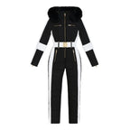 Les Odettes Dolly Glamour Ski Suit Monosuit with black and white fur-hood, belted design, front view, winter outerwear.