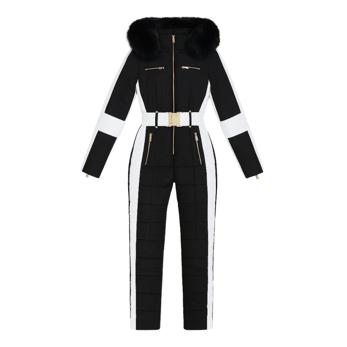 Les Odettes Dolly Glamour Ski Suit Monosuit with black and white fur-hood, belted design, front view, winter outerwear.