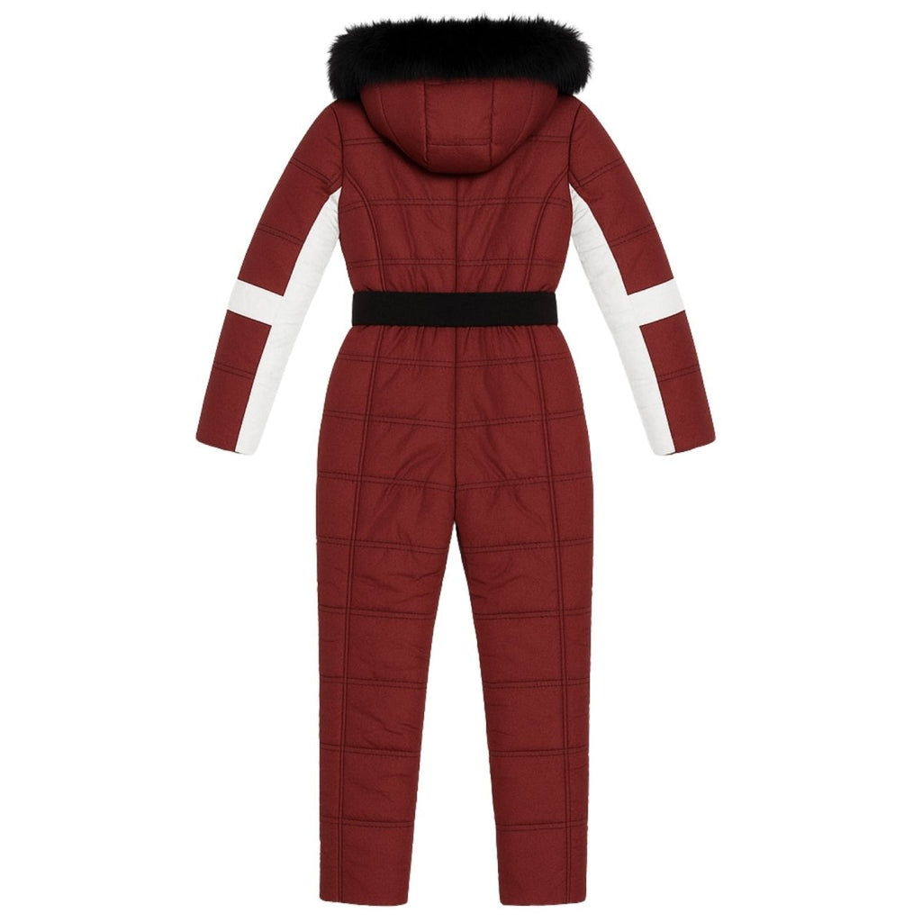 Red and white belted puffer ski suit by Les Odettes, Dolly Glamour Ski Suit Monosuit, designed for winter snow sports.