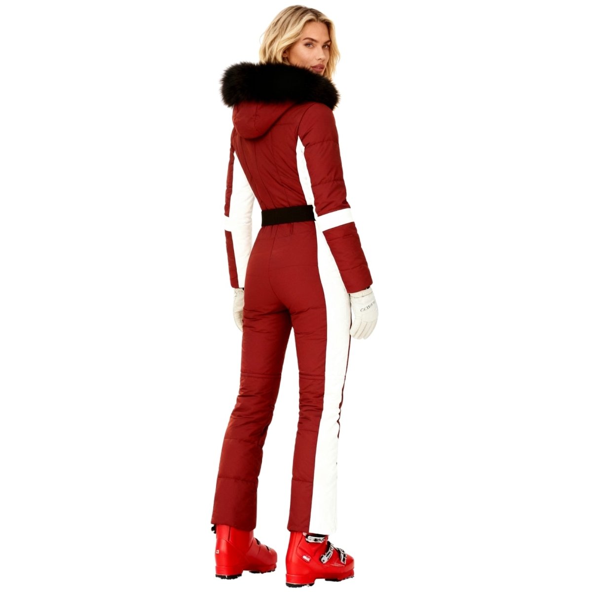 Les Odettes Dolly Glamour Ski Suit Monosuit in red and white, belted puffer outerwear for snow sports.