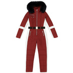 Red and white belted Glamour Ski Suit Dolly by Les Odettes, puffer design, front view showing stylish outerwear for snow sports.