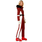 Red and white belted Glamour Ski Suit by Les Odettes, stylish puffer snow suit with a fitted design, suitable for winter outdoor activities.