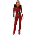 Red and white women's one-piece ski suit by Les Odettes with belted puffer design, waterproof and stretch for winter snowboarding.