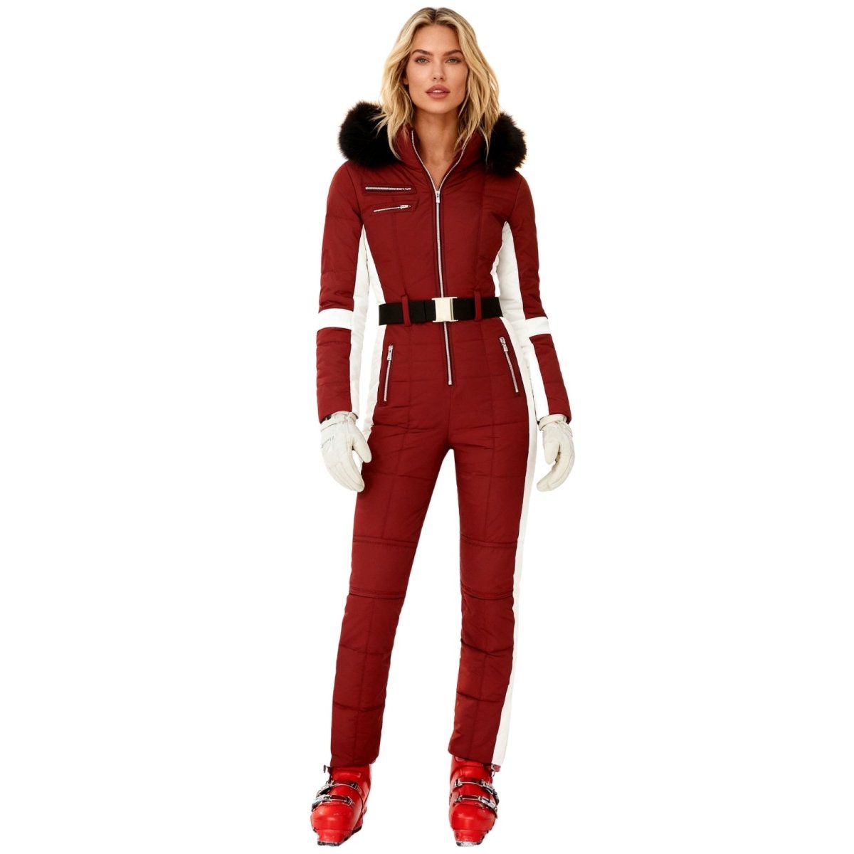 Red and white belted Glamour Ski Suit Dolly by Les Odettes, puffer design, perfect for winter snow sports.