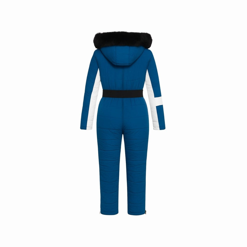 Les Odettes Dolly Glamour Ski Suit Monosuit in blue, back view showing insulated winter outerwear for snow sports.