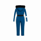 Les Odettes Dolly Glamour Ski Suit Monosuit in blue, back view showing insulated winter outerwear for snow sports.