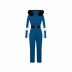 Blue Dolly Glamour Ski Suit by Les Odettes, insulated snow jumpsuit with fur-lined hood, designed for winter outdoor activities.