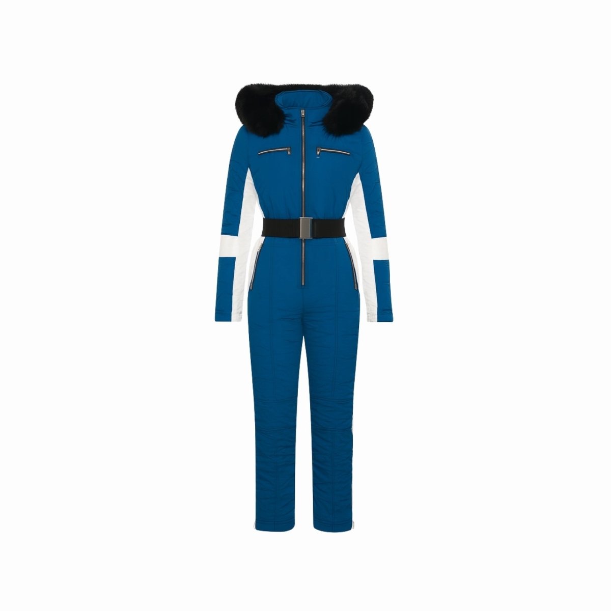 Blue Dolly Glamour Ski Suit by Les Odettes, insulated snow jumpsuit with fur-lined hood, designed for winter outdoor activities.
