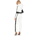 Les Odettes Dolly ski suit for women, white one-piece snow suit with fur-lined hood, back view, stylish winter outerwear.
