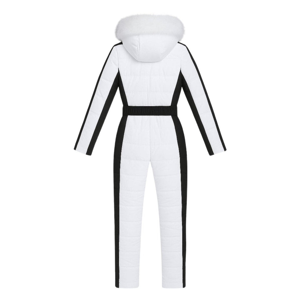 Les Odettes Dolly ski suit for women featuring white color, fur-lined hood, and front zipper, designed for winter snow activities.