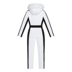 Les Odettes Dolly ski suit for women featuring white color, fur-lined hood, and front zipper, designed for winter snow activities.