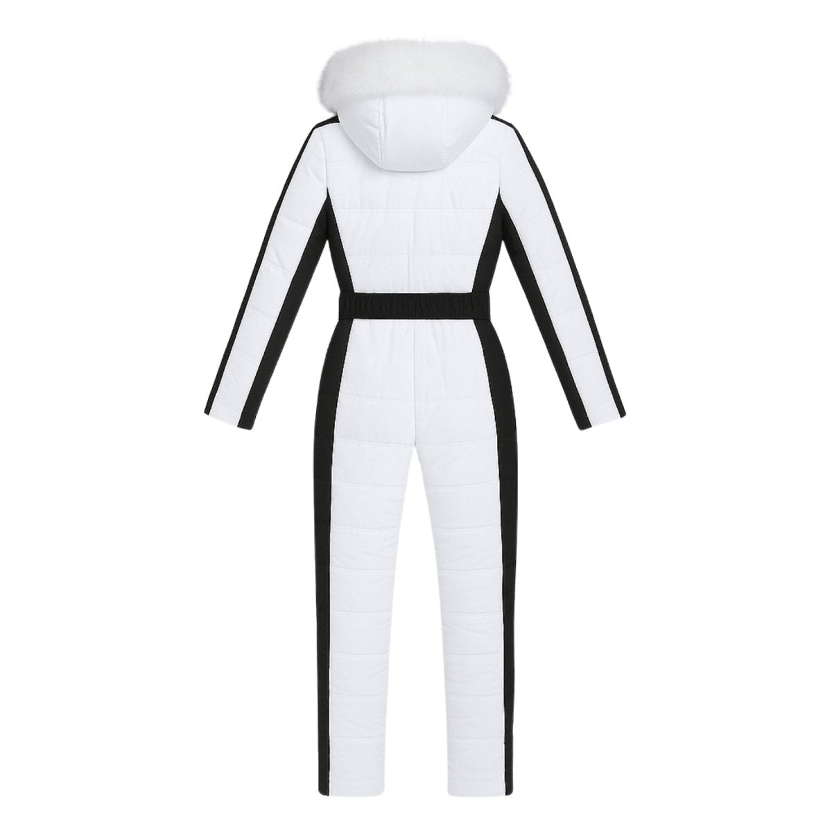 Les Odettes Dolly ski suit for women featuring white color, fur-lined hood, and front zipper, designed for winter snow activities.