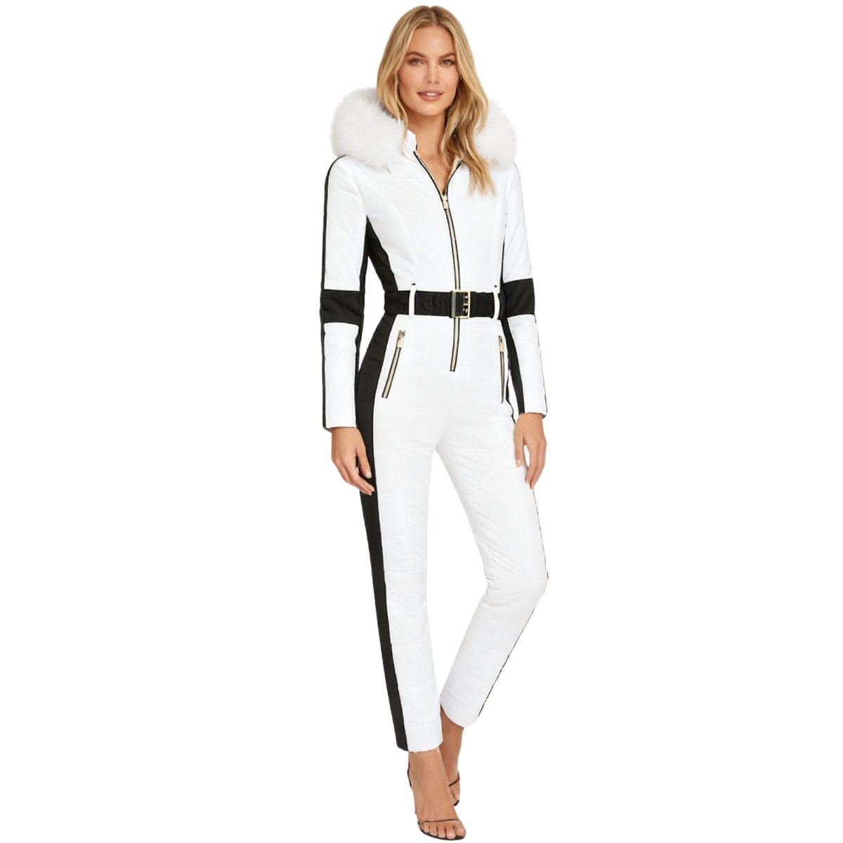 Les Odettes Dolly women's one-piece ski suit with white fur hood, stylish snow outerwear for winter skiing or snowboarding.