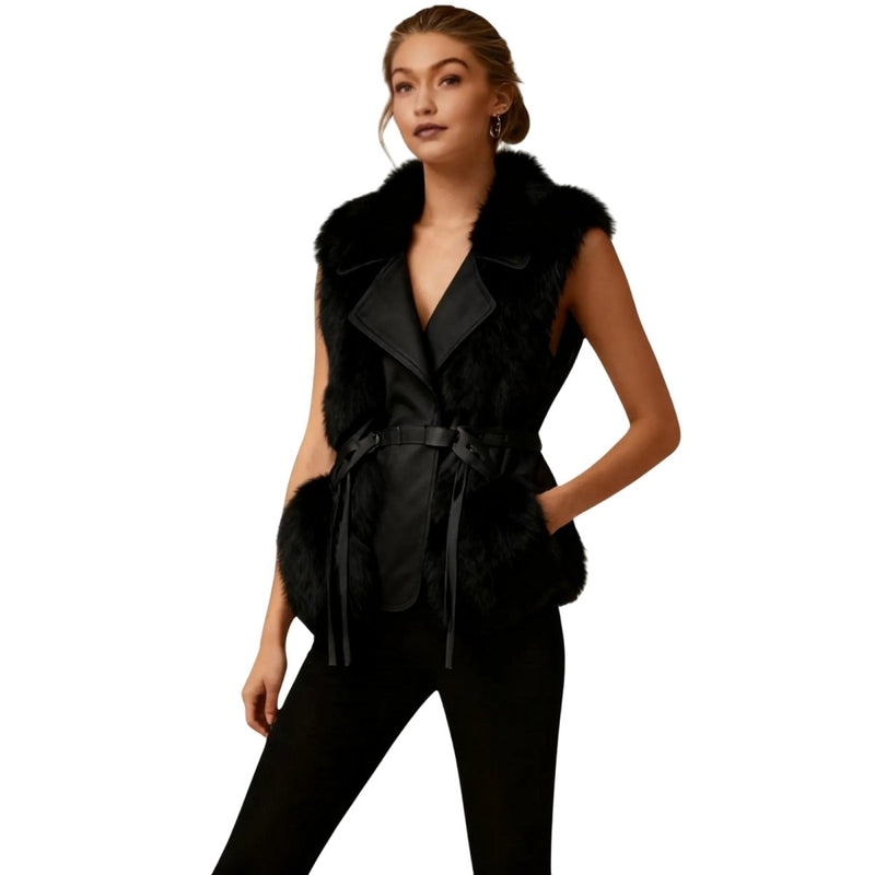 Women’s Nappa leather fur vest with tie waist from Les Odettes, featuring a structured fit and natural fur accents.