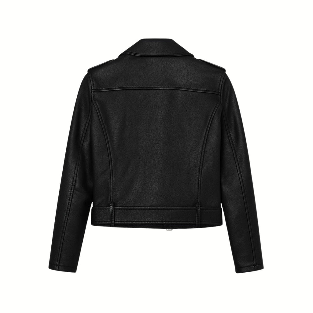 Back view of Les Odettes women's vegan leather moto jacket with asymmetrical design and stylish biker details.