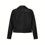 Back view of Les Odettes women's vegan leather moto jacket with asymmetrical design and stylish biker details.