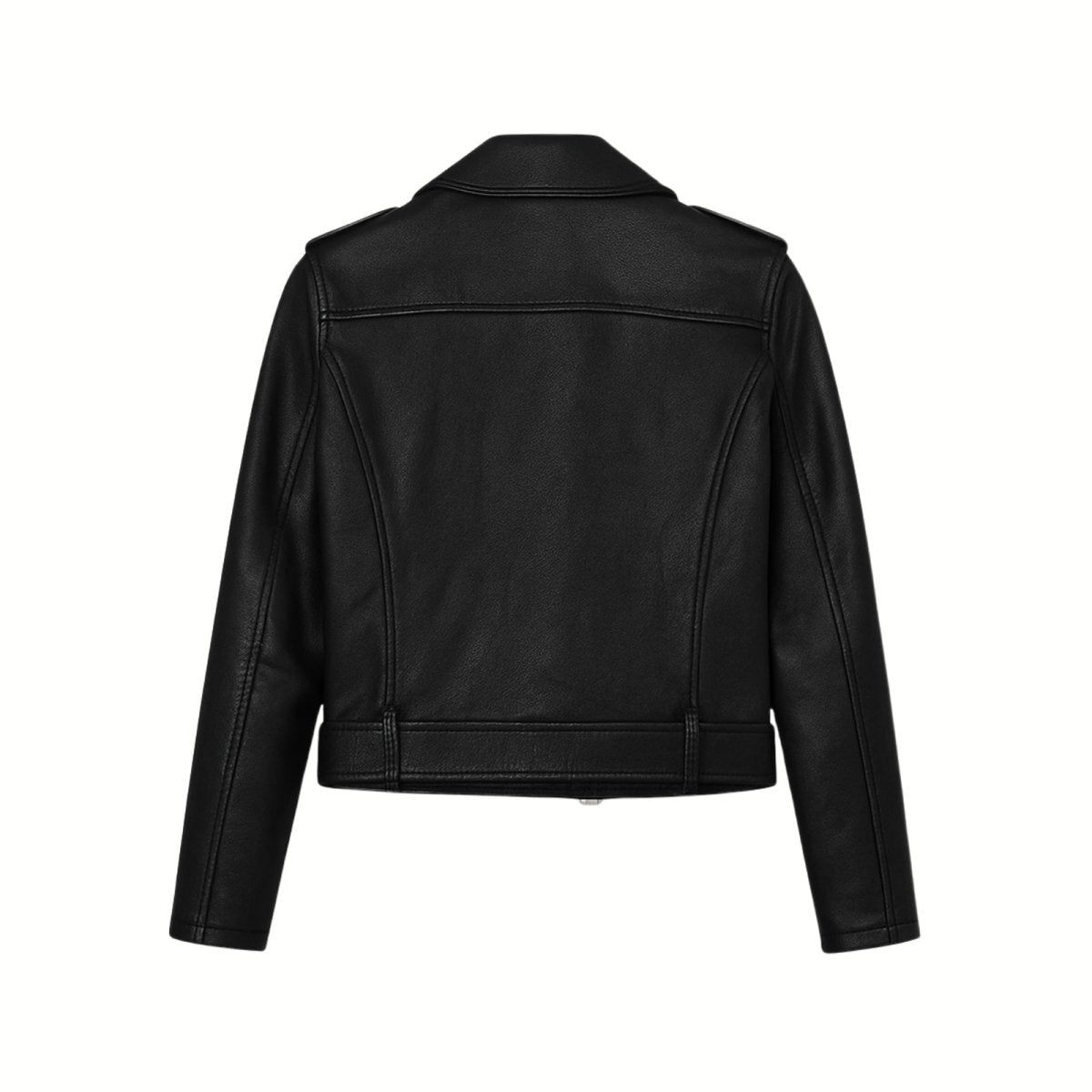 Back view of Les Odettes women's vegan leather moto jacket with asymmetrical design and stylish biker details.