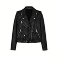 Women’s vegan leather moto jacket by Les Odettes with an asymmetrical front design, shown from the front in a product shot.
