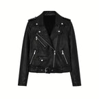 Women’s vegan leather moto jacket by Les Odettes with an asymmetrical front design, shown from the front in a product shot.