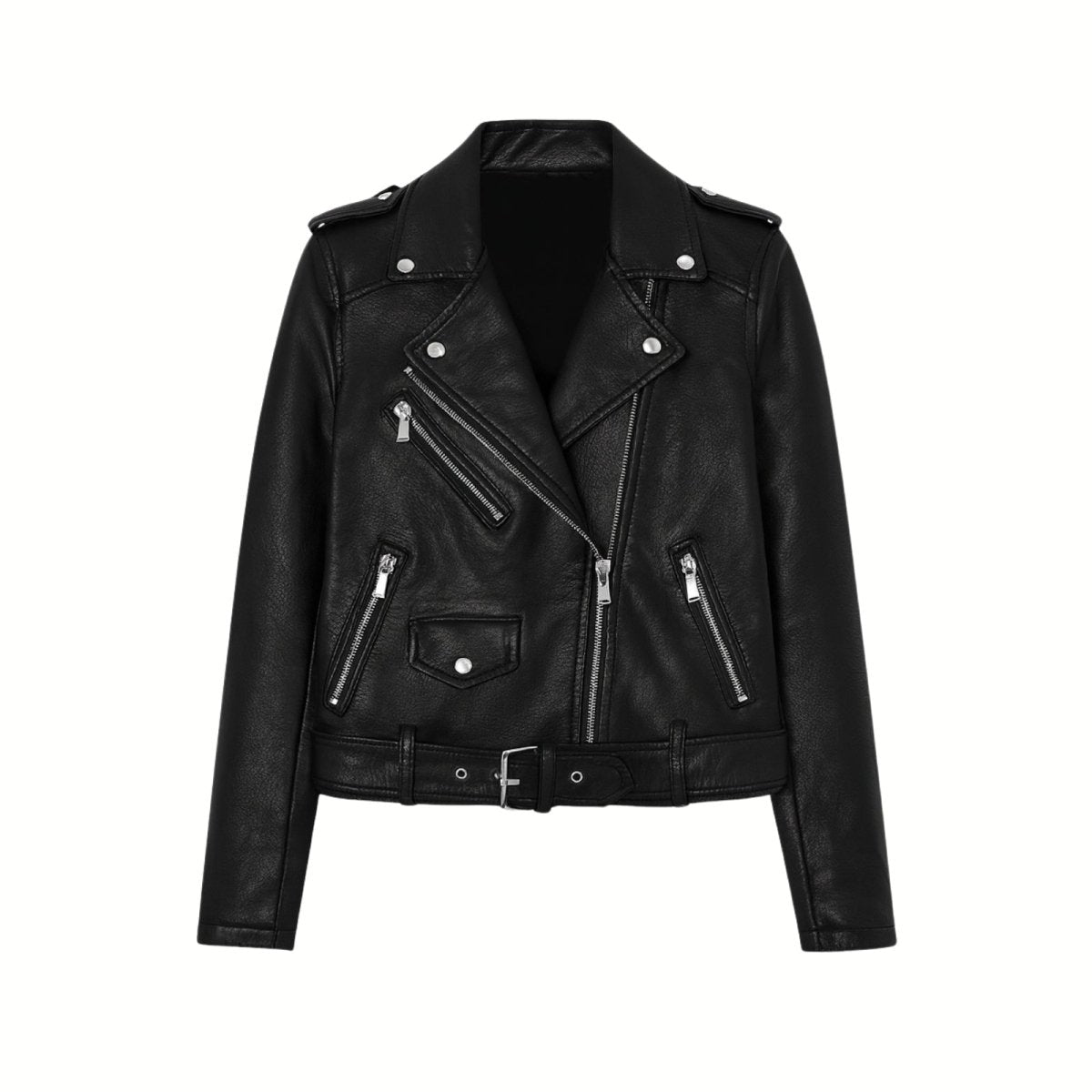Women’s vegan leather moto jacket by Les Odettes with an asymmetrical front design, shown from the front in a product shot.