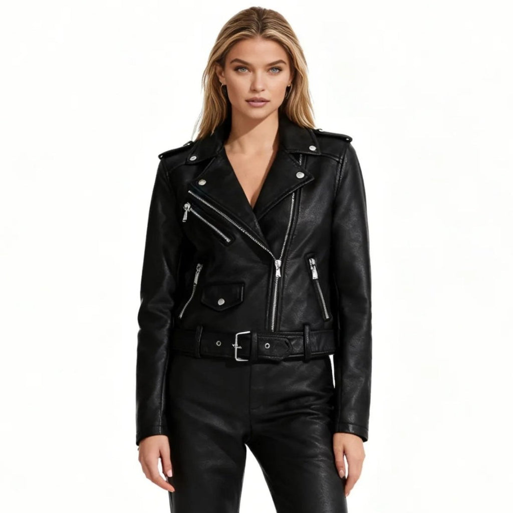 Black women’s vegan leather moto jacket by Les Odettes, front view showcasing classic style and sleek design.