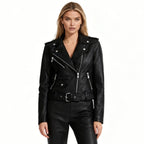 Black women’s vegan leather moto jacket by Les Odettes, front view showcasing classic style and sleek design.