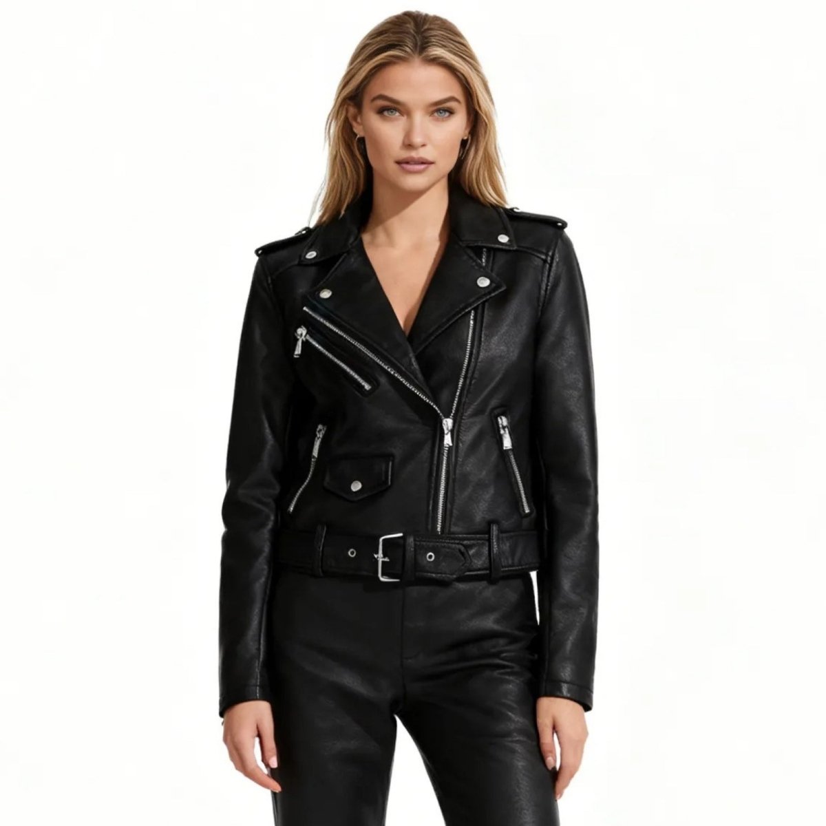 Black women’s vegan leather moto jacket by Les Odettes, front view showcasing classic style and sleek design.