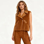Women’s brown mink fur vest with leather trim, zip front, structured fit, by Les Odettes, featuring a stylish and cozy design.