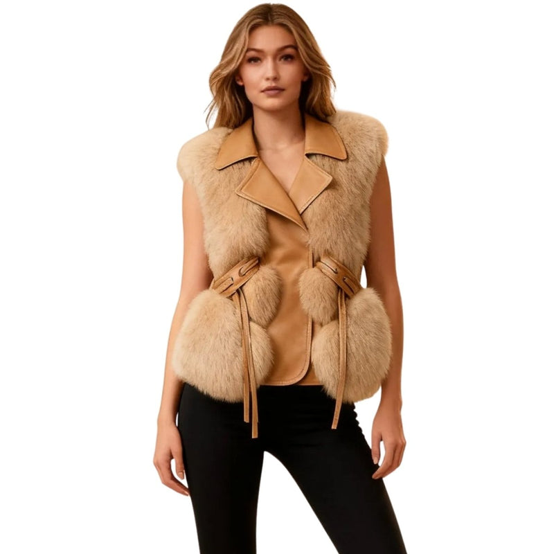 Women’s Nappa leather fur vest with tie waist, structured fit, by Les Odettes, featuring camel leather and fox fur details.