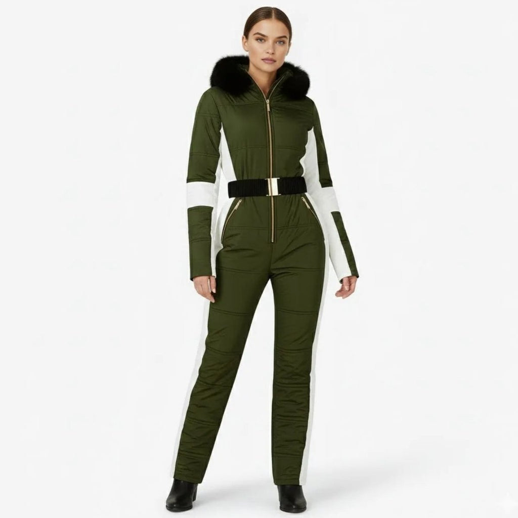 Les Odettes Dolly Glamour Ski Suit Monosuit in green with belt, front view, stylish snow outerwear for winter activities.