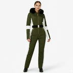 Les Odettes Dolly Glamour Ski Suit Monosuit in green with belt, front view, stylish snow outerwear for winter activities.