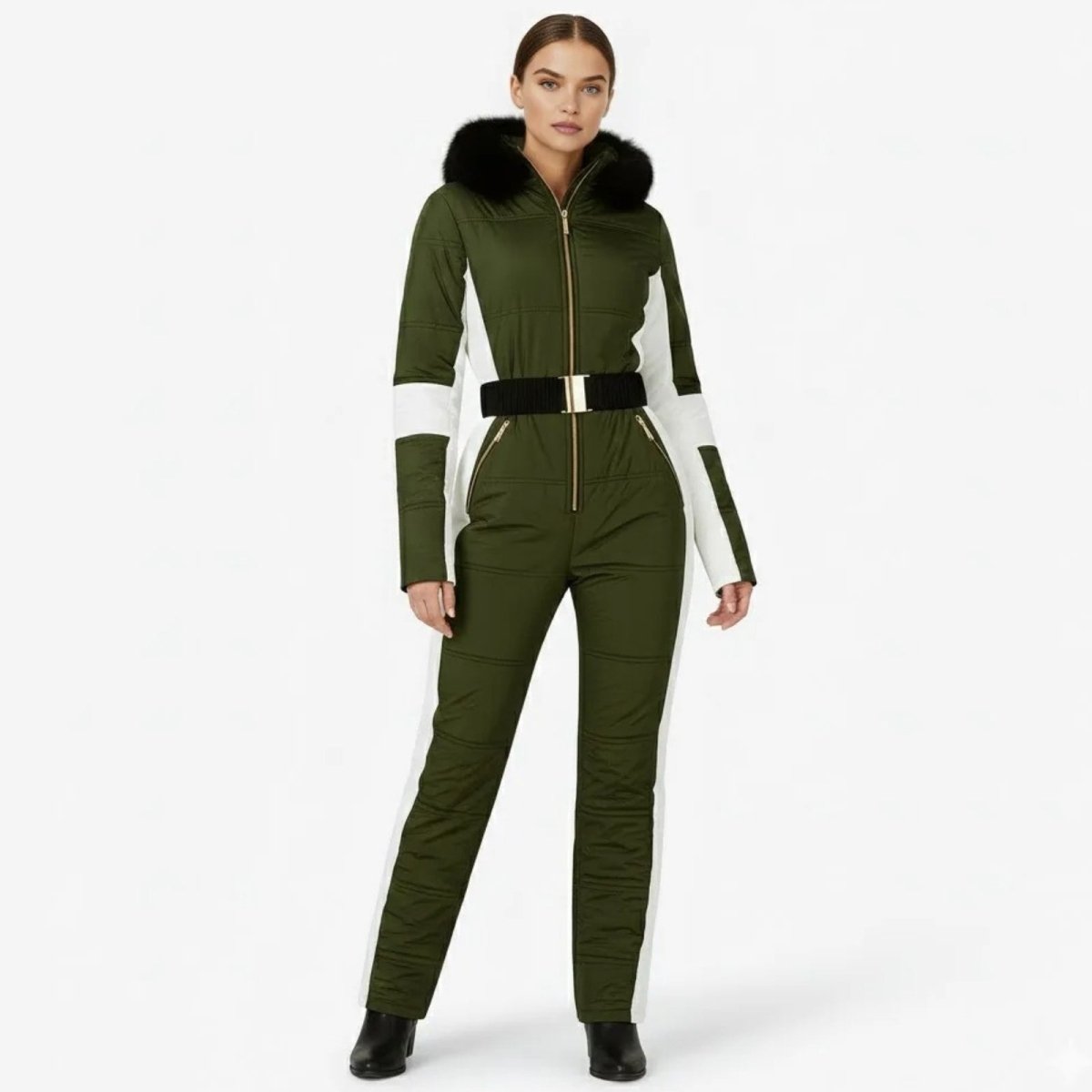 Les Odettes Dolly Glamour Ski Suit Monosuit in green with belt, front view, stylish snow outerwear for winter activities.