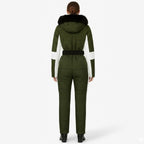 Les Odettes Dolly Glamour Ski Suit in green, back view showing stylish winter outerwear for skiing and snowboarding.