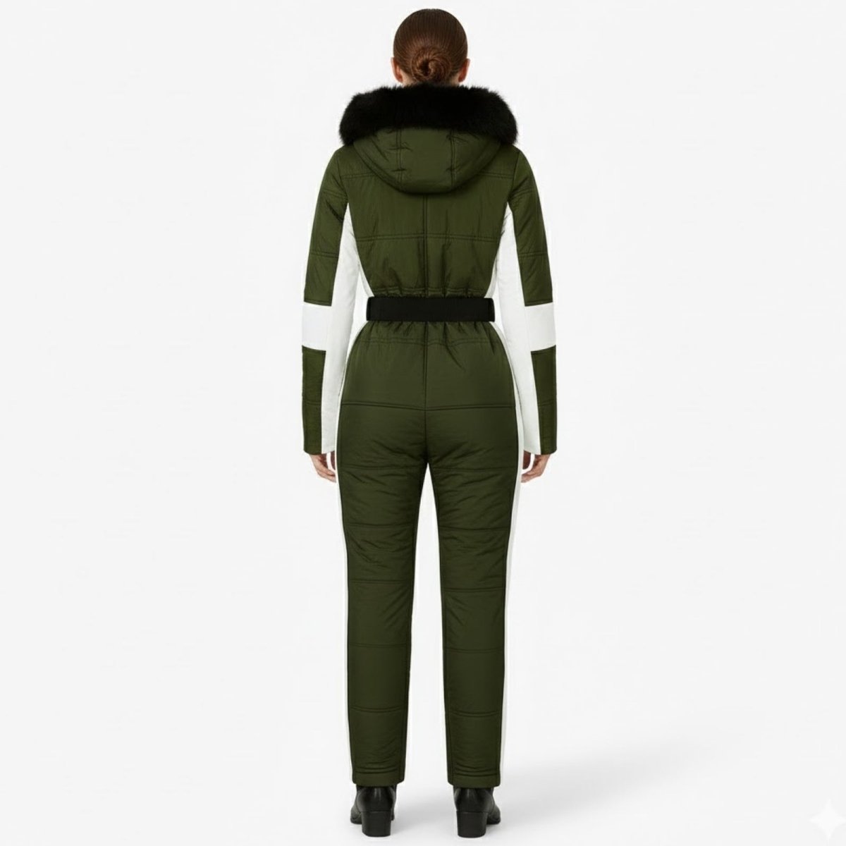 Les Odettes Dolly Glamour Ski Suit in green, back view showing stylish winter outerwear for skiing and snowboarding.