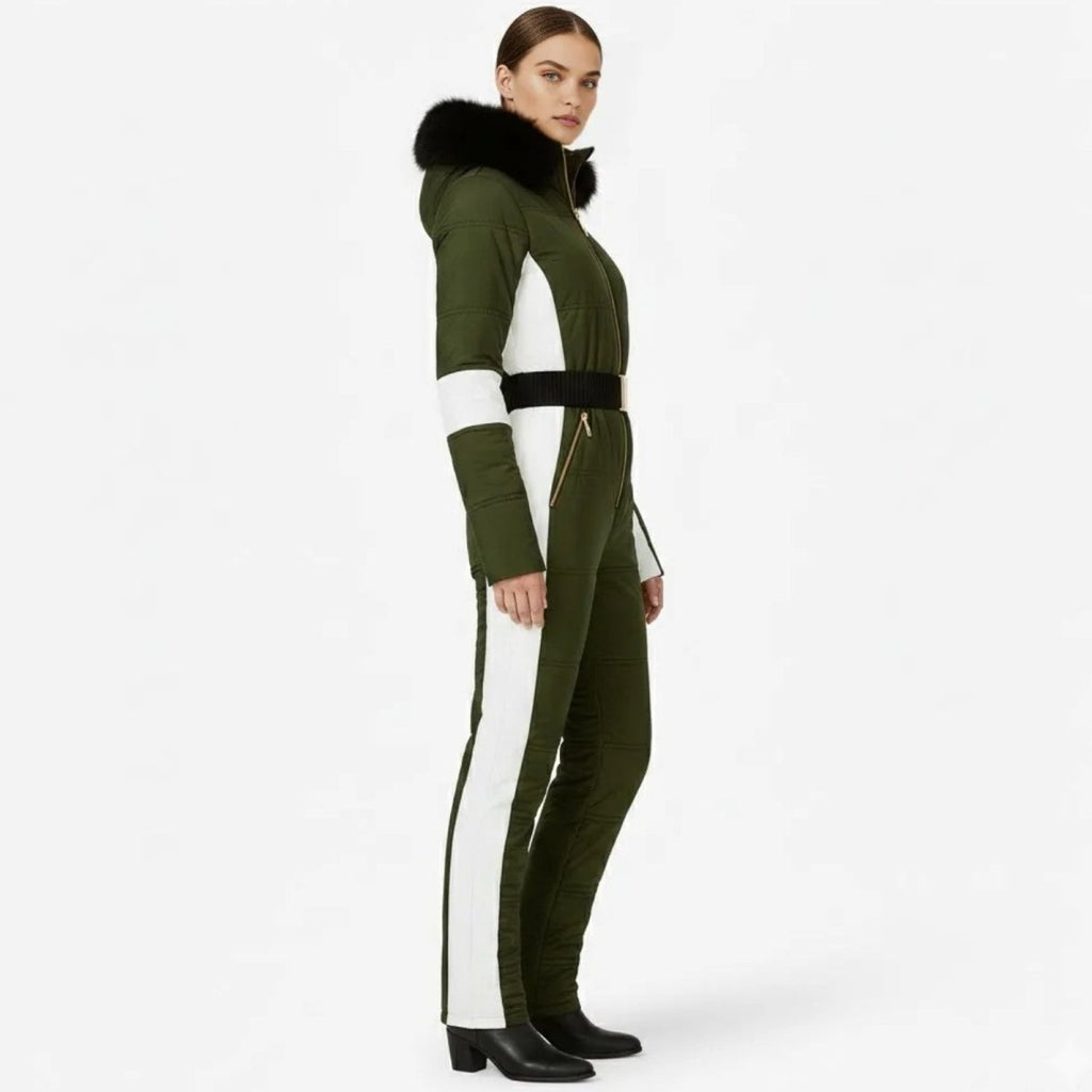 Side view of Les Odettes Dolly Glamour Ski Suit in green, a stylish snow suit designed for winter outdoor wear.