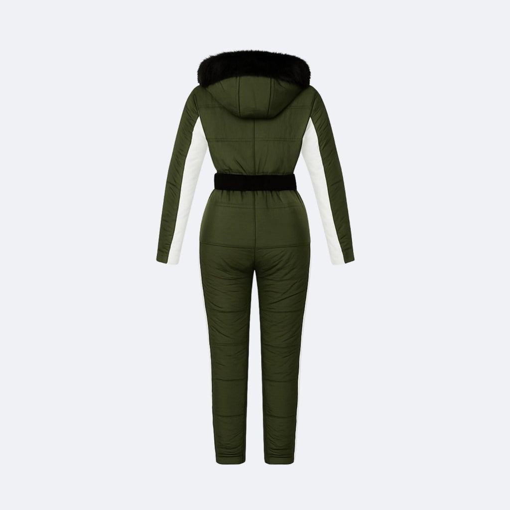 Les Odettes glamour ski suit monosuit in green and white, insulated snow jumpsuit with back view for winter outdoor wear.