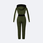 Les Odettes glamour ski suit monosuit in green and white, insulated snow jumpsuit with back view for winter outdoor wear.